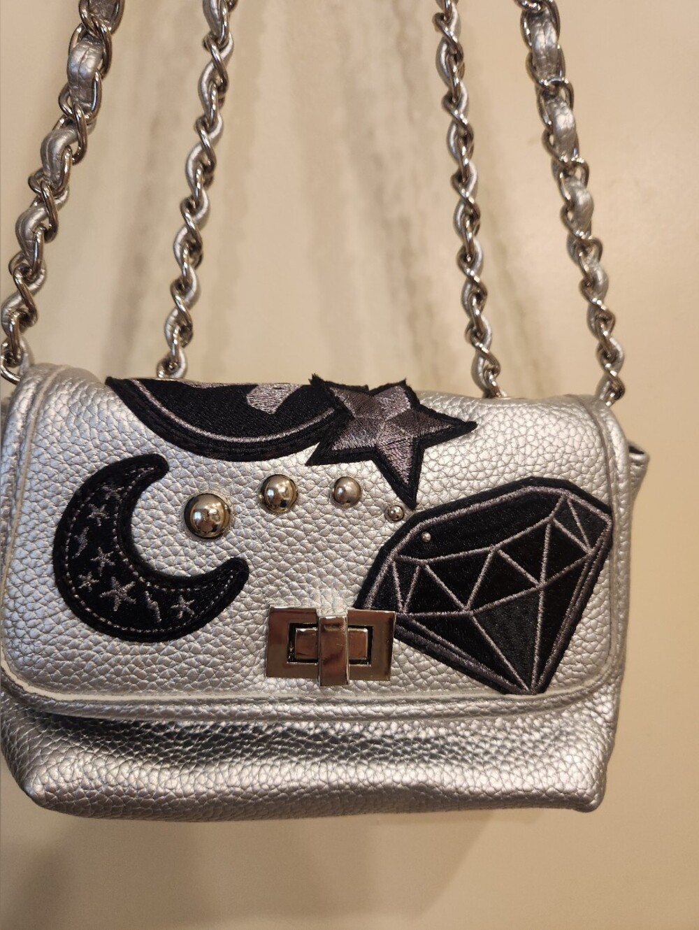 Steve Madden Silver Mini Crossbody with Black Embroidered Moon & Diamond Motifs